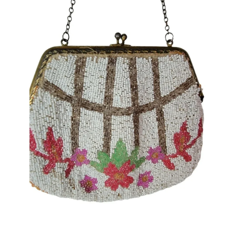 Vintage/Antique Micro Beaded Handbag With Chain Floral Rose Design‎